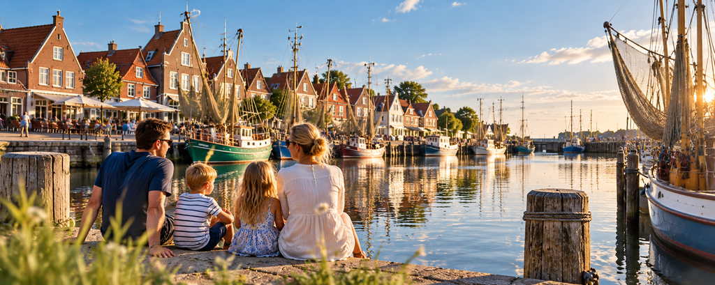 Familie am Hafen als Stimmungsbild für einen Urlaub in Greetsiel