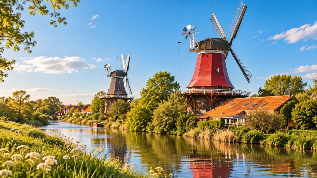 Zwillingsmühlen am Wasser als Stimmungsbild für Greetsiel