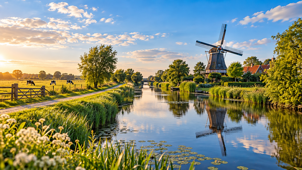 Ostfriesische Landschaft mit Kanal, Windmühle und Weiden